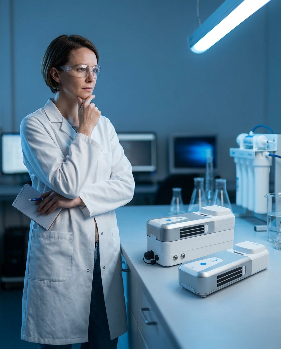AQUAIR scientist evaluating the portable lab unit and the industrial self-automated e-sens unit