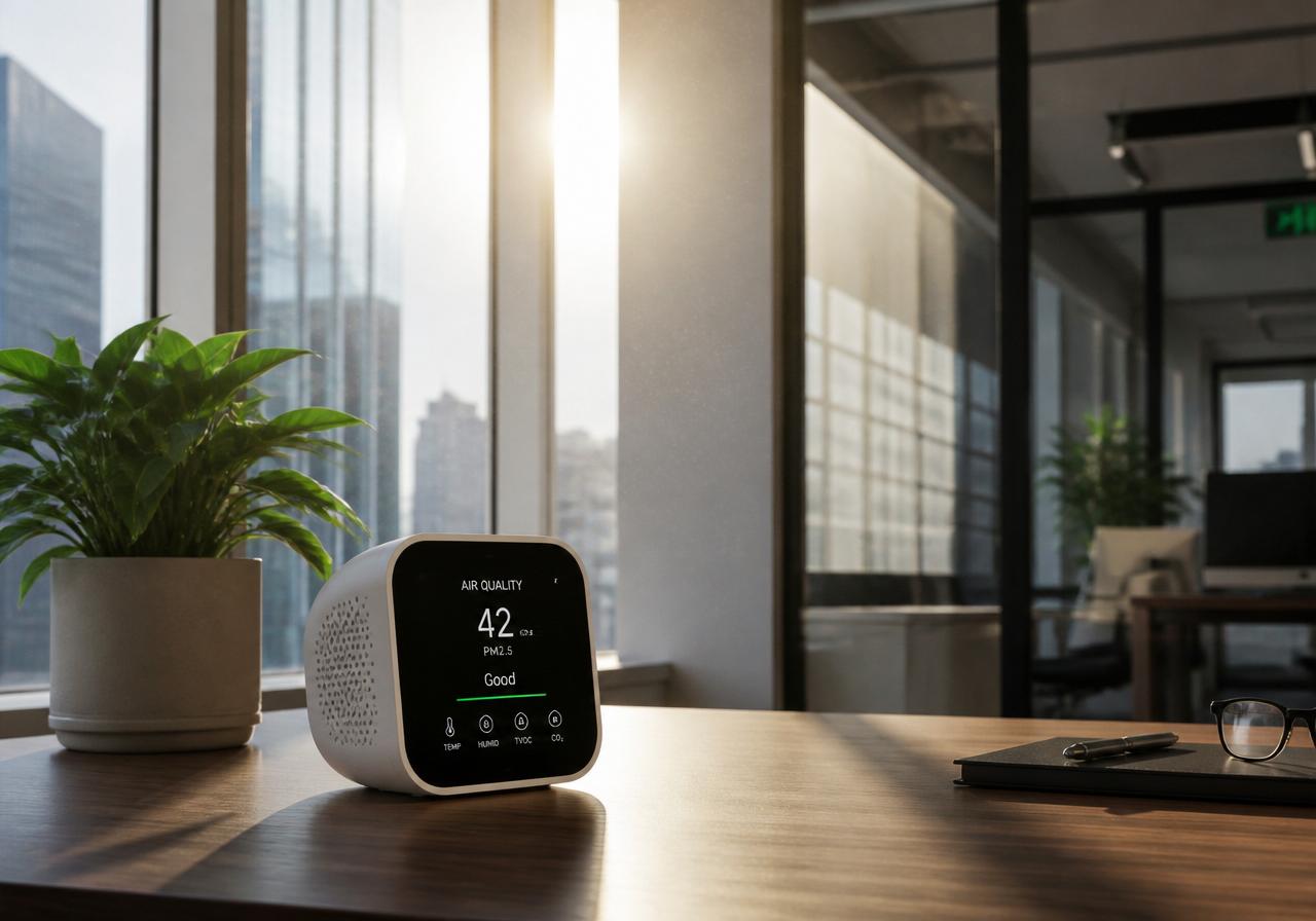 Modern indoor air quality sensor on a desk in a bright office