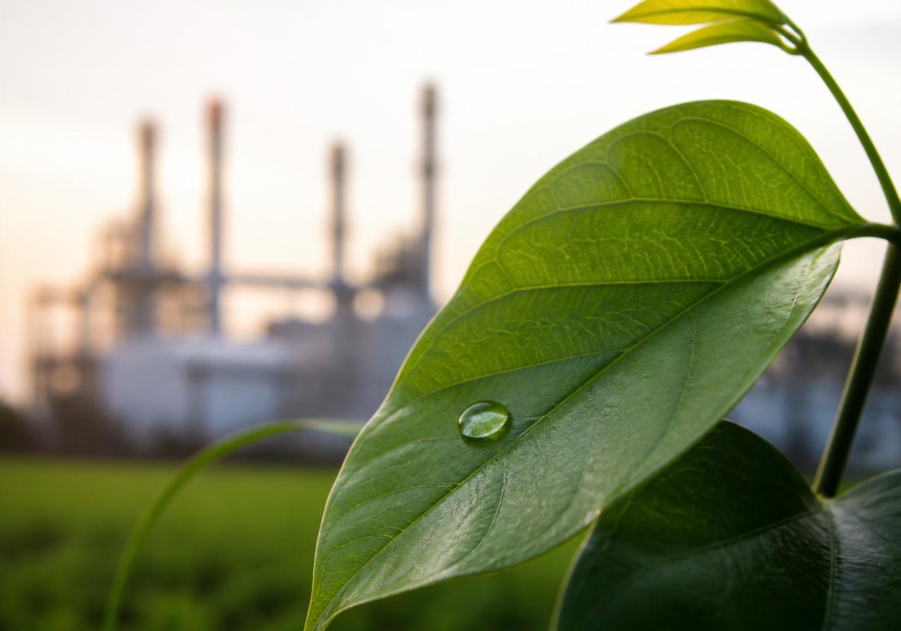Green leaf with a water droplet in front of an industrial facility