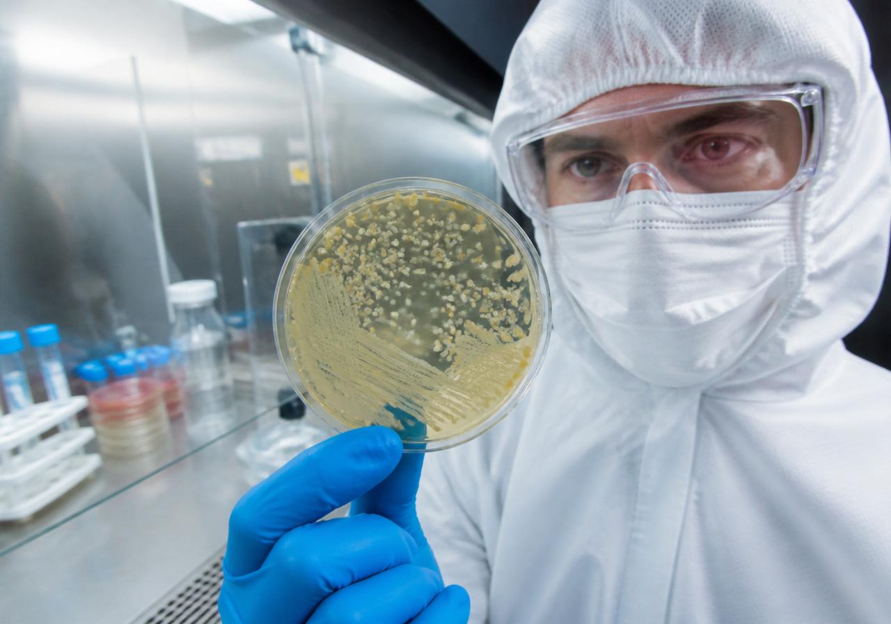Microbiologist in PPE inspecting a petri dish with bacterial culture