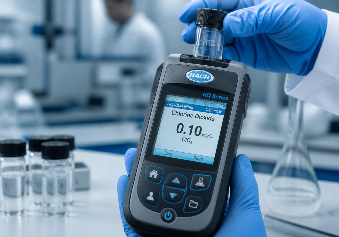 Handheld water testing instrument analyzing a sample in a laboratory
