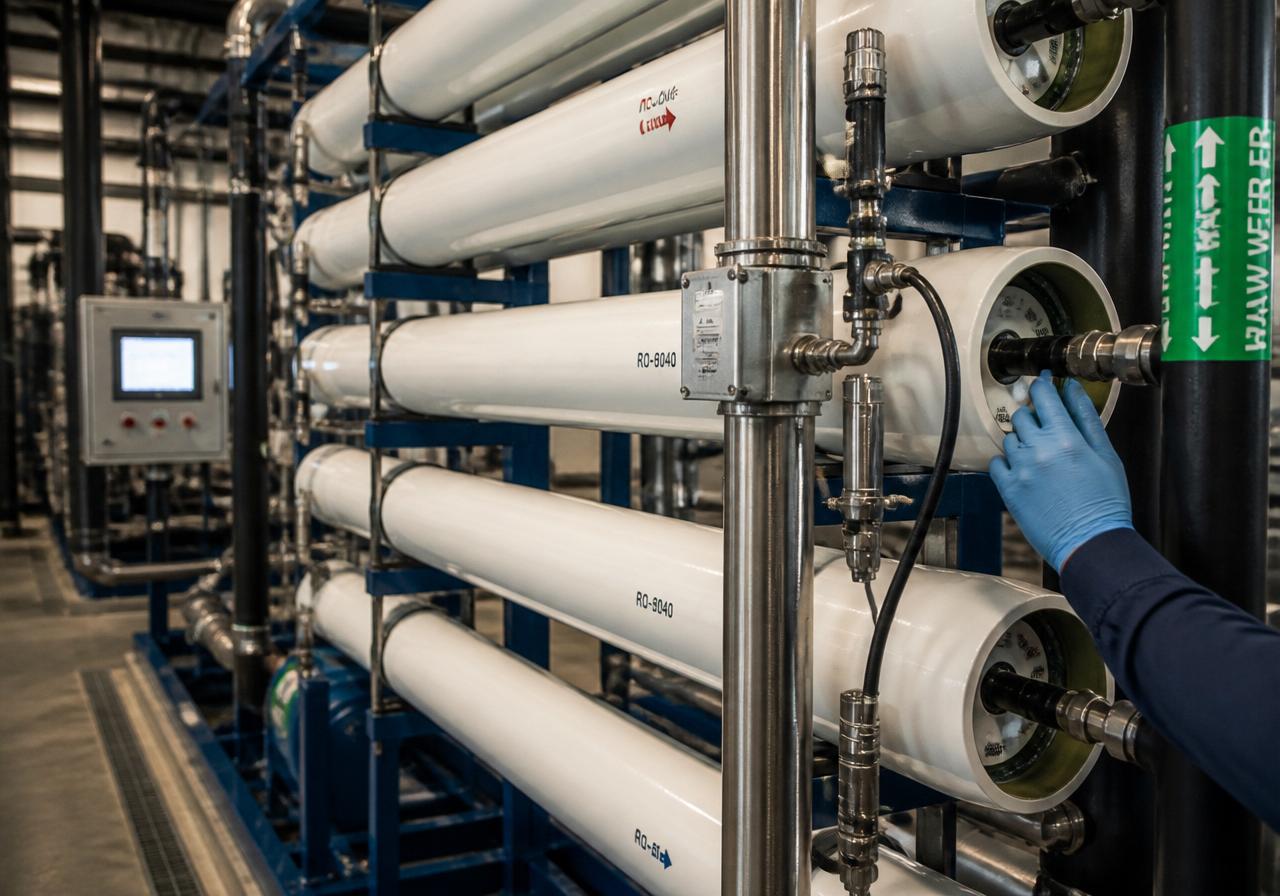 Reverse osmosis membrane filter array in an industrial plant