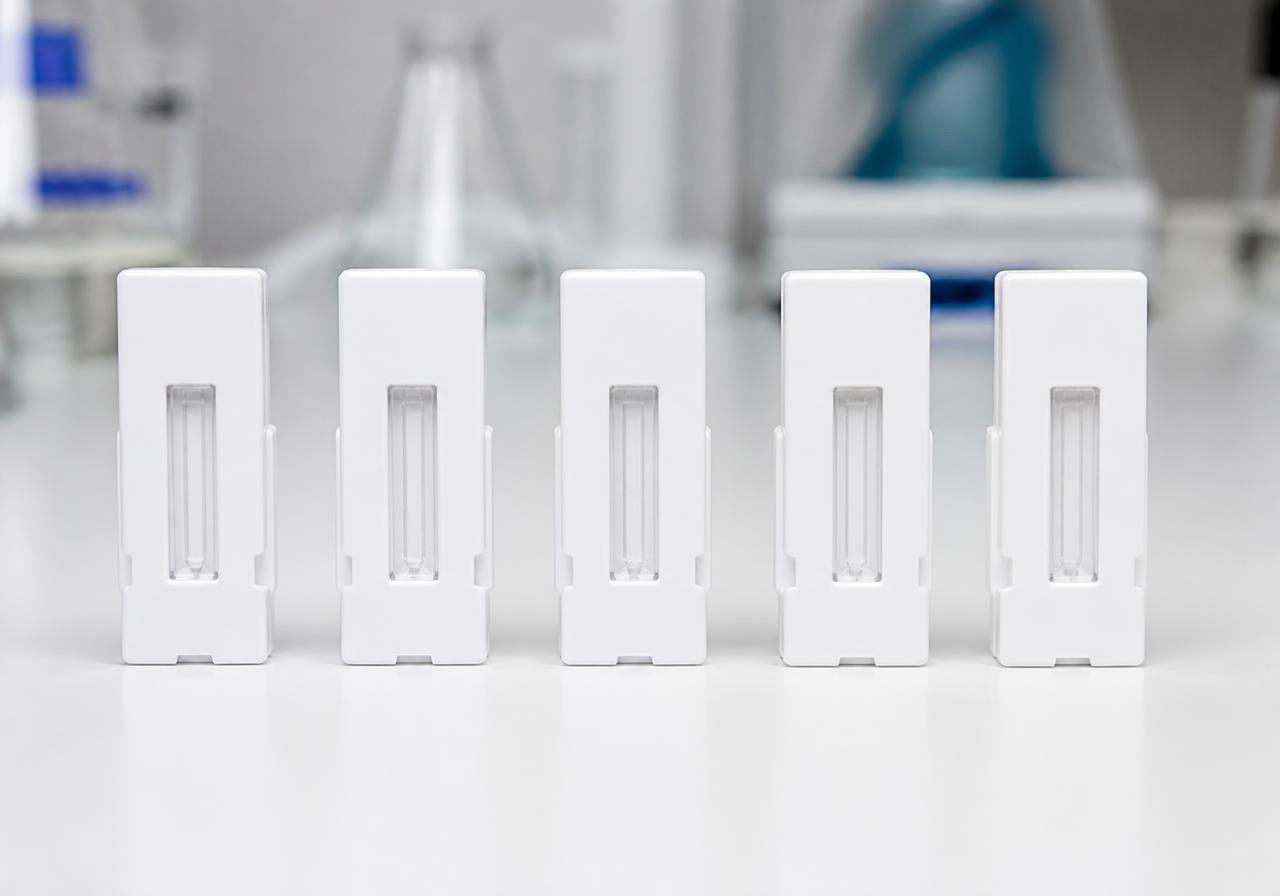 Row of white sensor cartridges for the e-sens water testing instrument