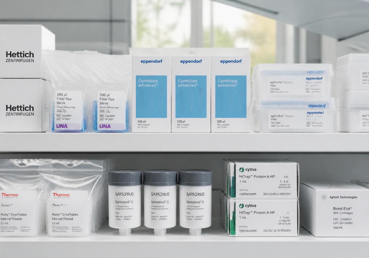 Laboratory consumables and reagent packaging on clean shelving