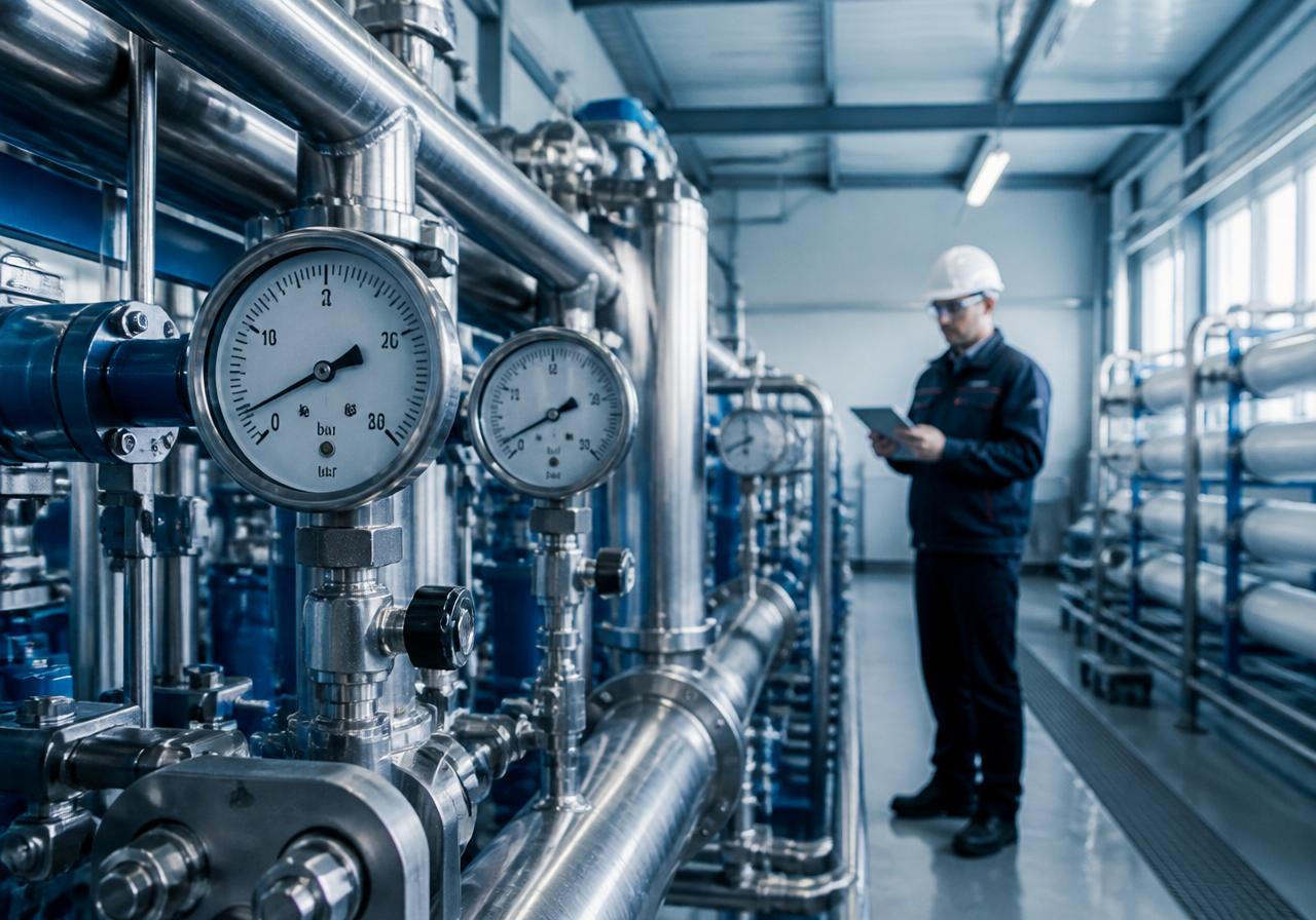 Industrial water treatment facility with pressure gauges and engineer