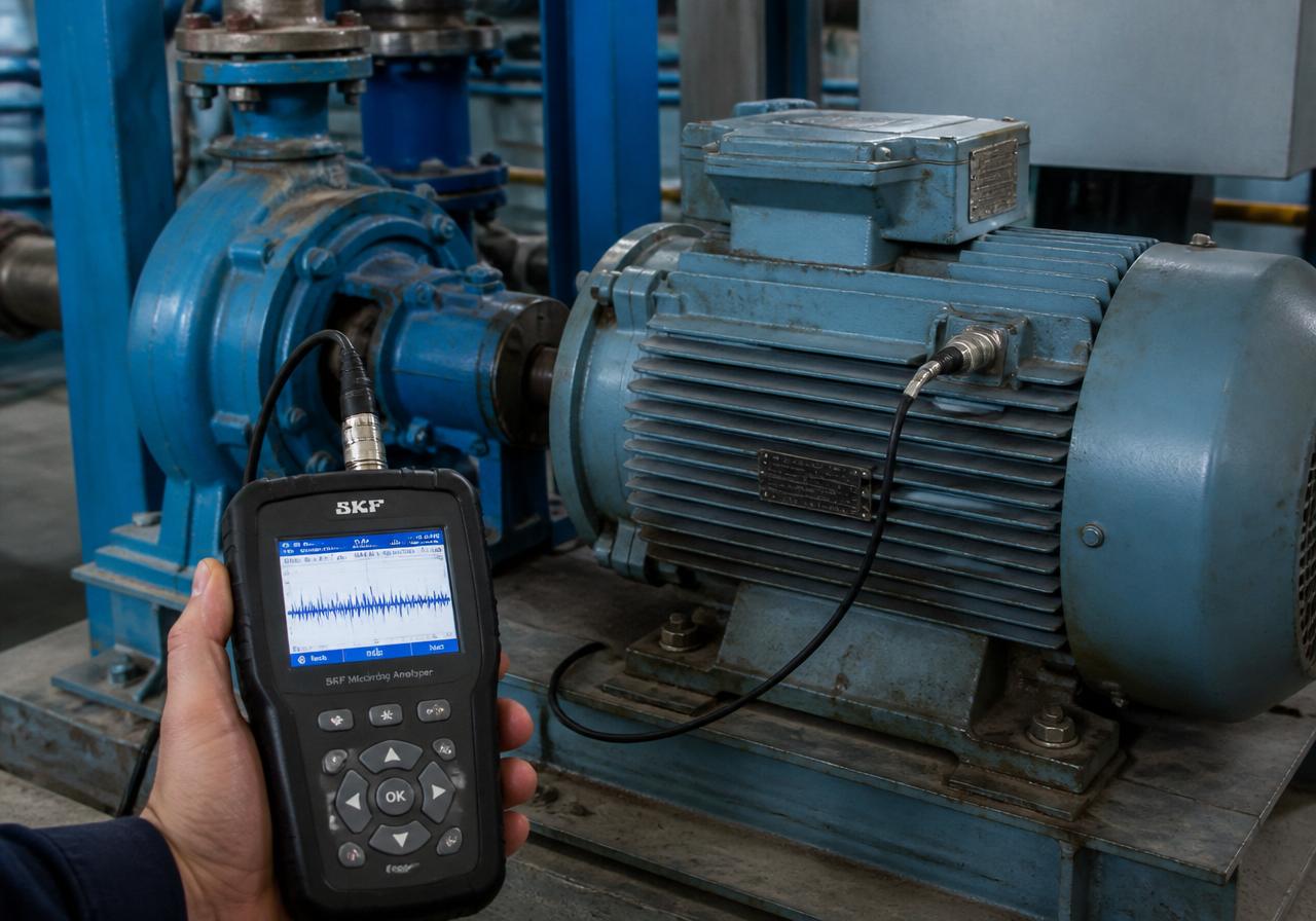 Industrial pump motor with a handheld vibration analyzer